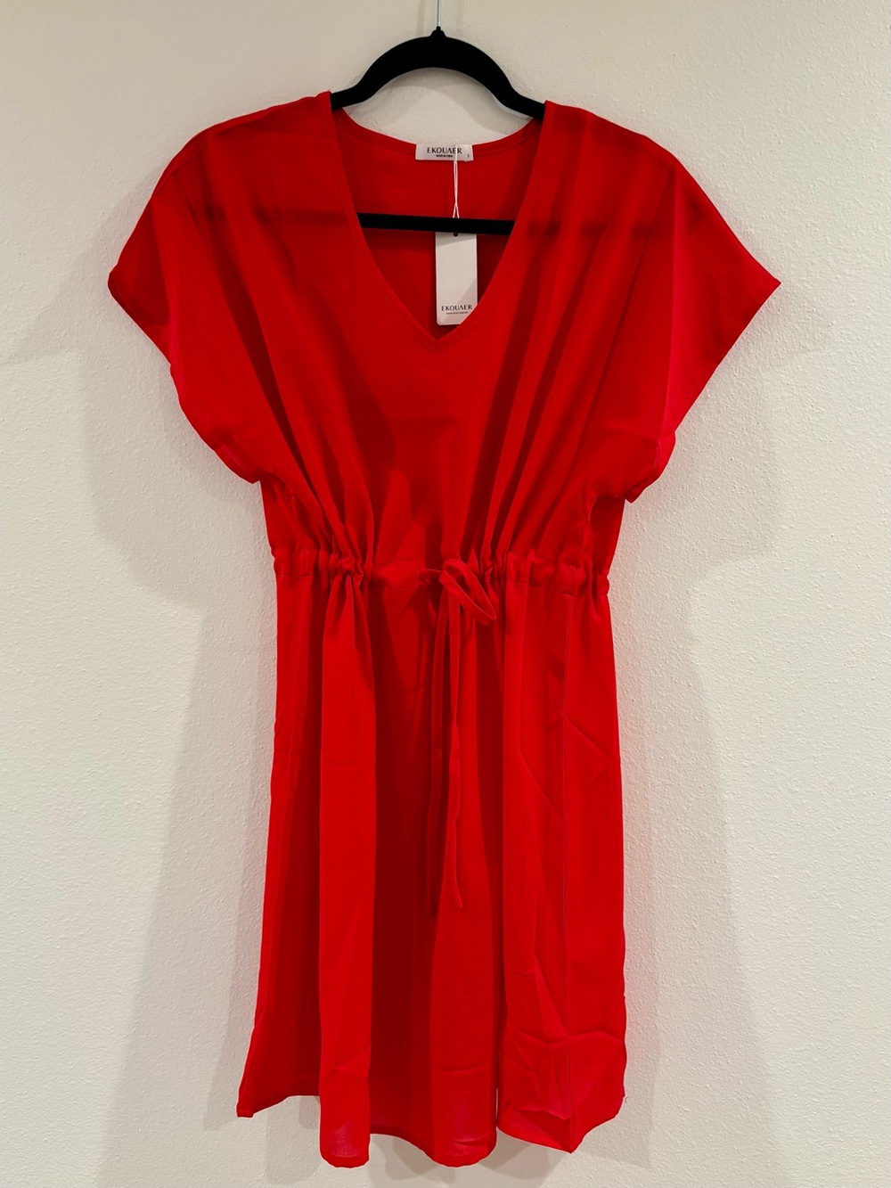 Red V-Neck Drawstring Waist Swimsuit Coverup